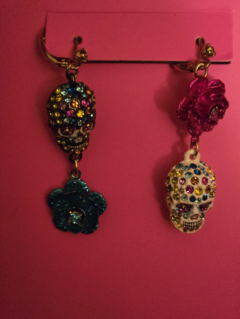 Betsey Johnson Skull Earrings with Pink and Blue Flowers